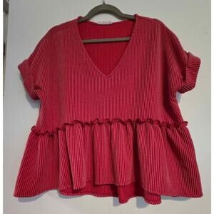 Jolie Med Peplum Red/Berry VNeck Shirt